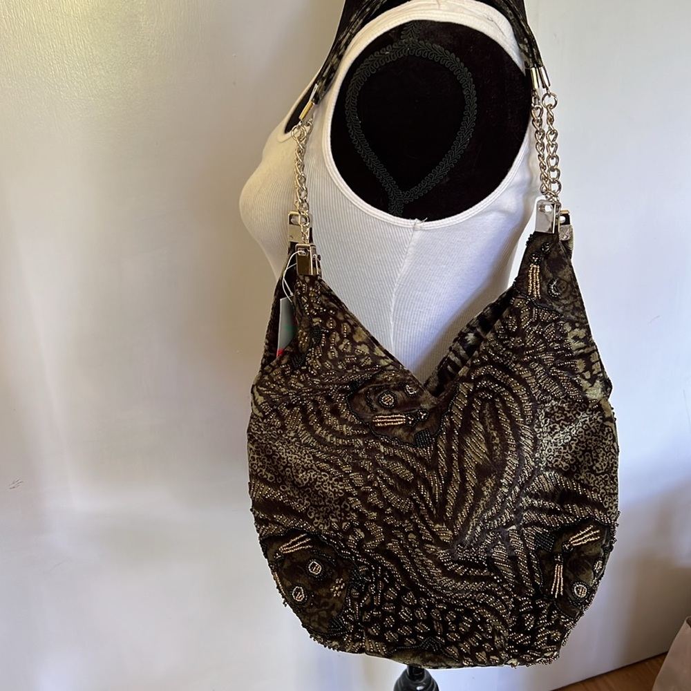 Velour Cat Print Hobo Shoulder Bag with Beading and Cat Face Motif -NWT